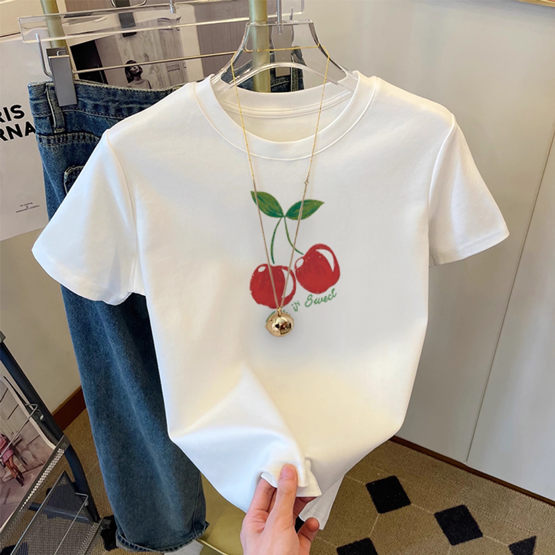 Pink cherry short sleeved women's T-shirt 2025 summer new design niche versatile pure cotton loose fit top trendy casual T-shirt5