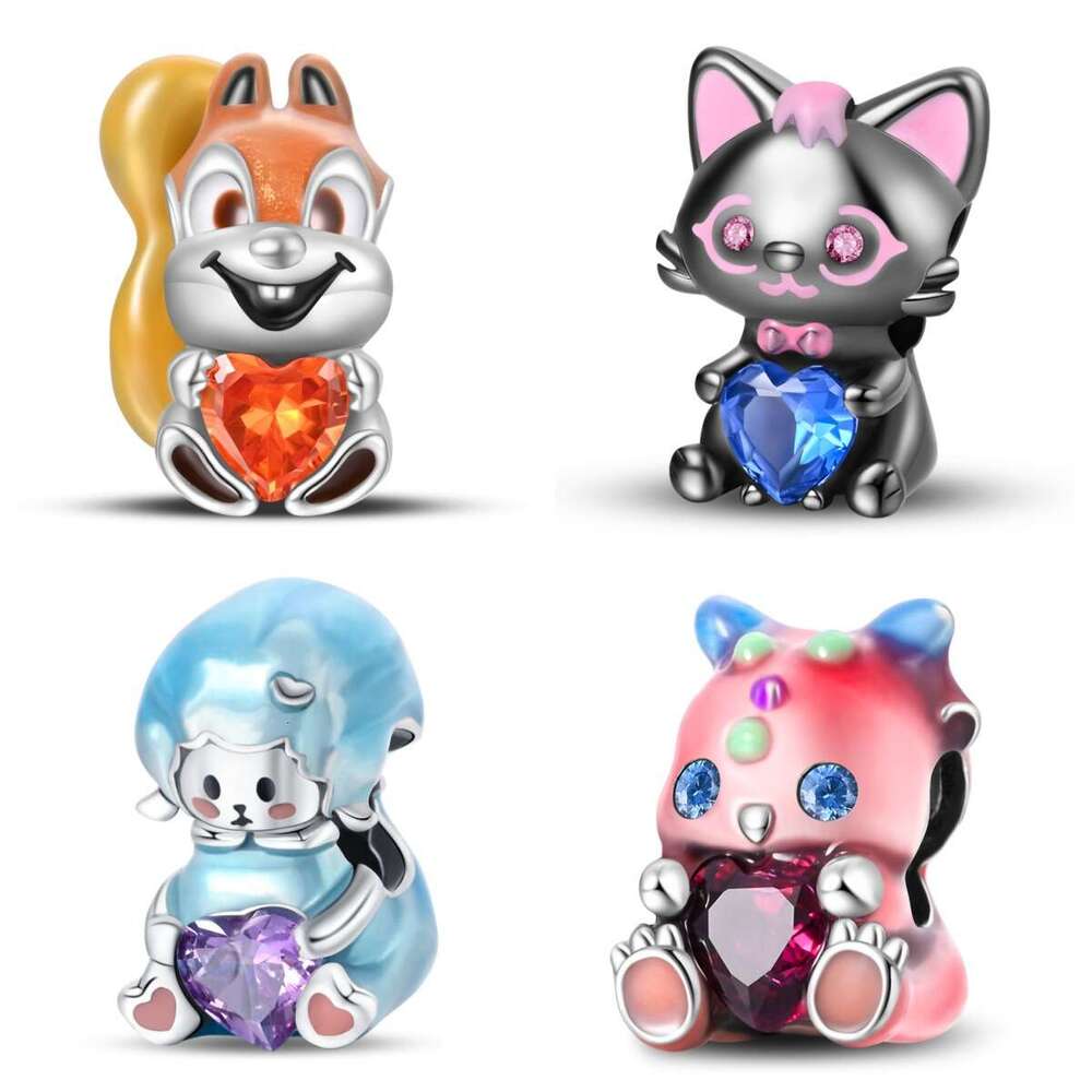 Hot Selling New Cartoon Blessing Series 925 Silver Charms Lucky Black Cat Squirrel Little Lamb Dragon Treasure Charm bead fit bracelet DIY for women J