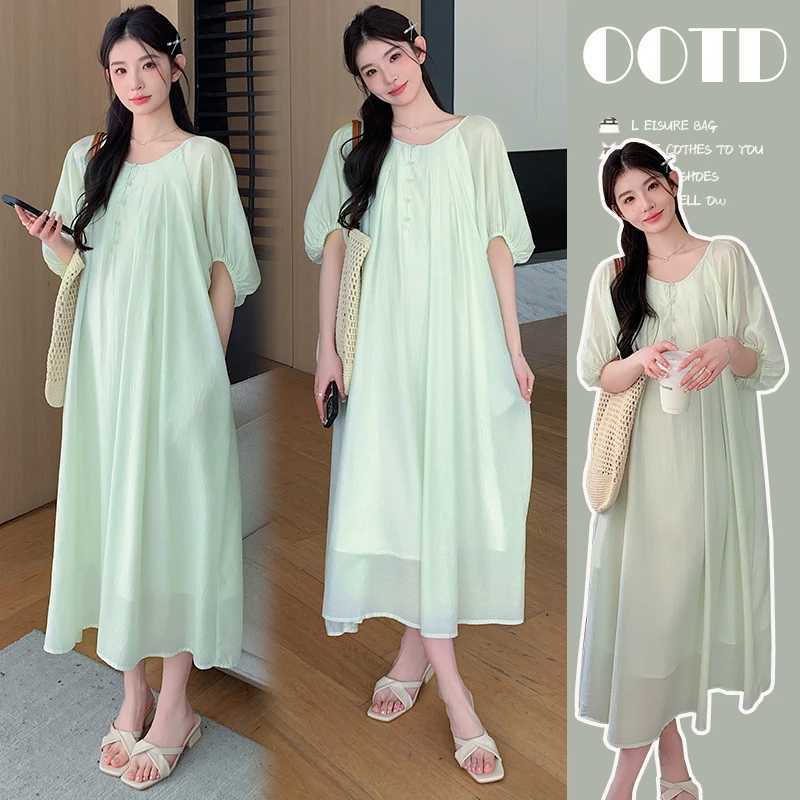 French Style Lantern Sleeves Pregnant Women Dress Button Fly Plus Size Maternity Beach Dress Long Loose Pregnancy Holiday DressT250311