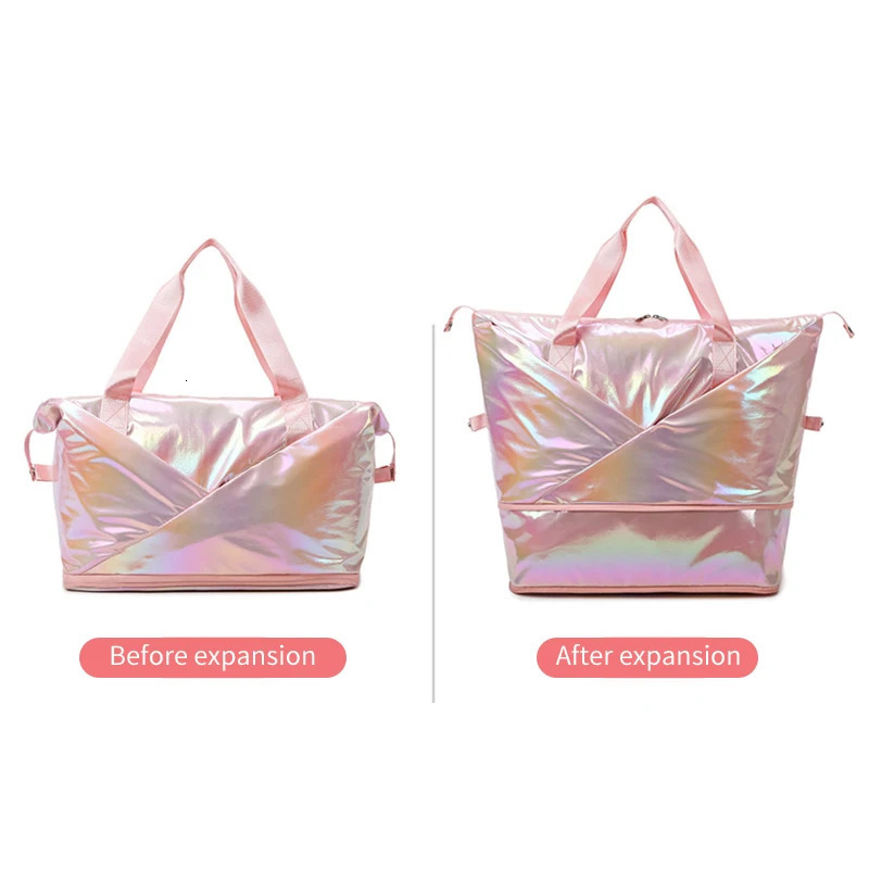 Womens Laser Colorful Large Capacity Folding Travel Luggage Storage Bag Sports Gym Yoga Handbags Waterproof Shoulder Bags 250311
