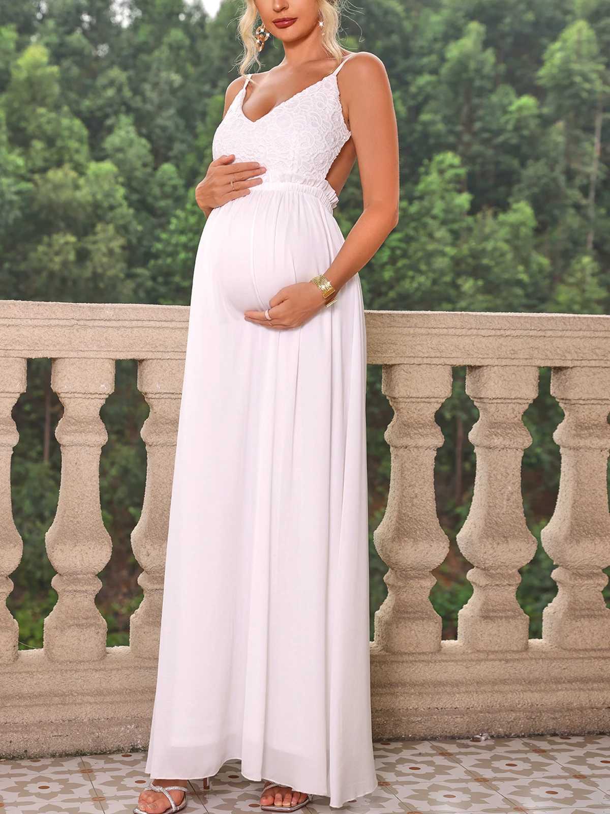 ItsRoya Embroidery Mesh Patchwork Maternity Dress Women V Neck Slim Elegant Photography Props Dress Evening Party Pregnant Gown X250224