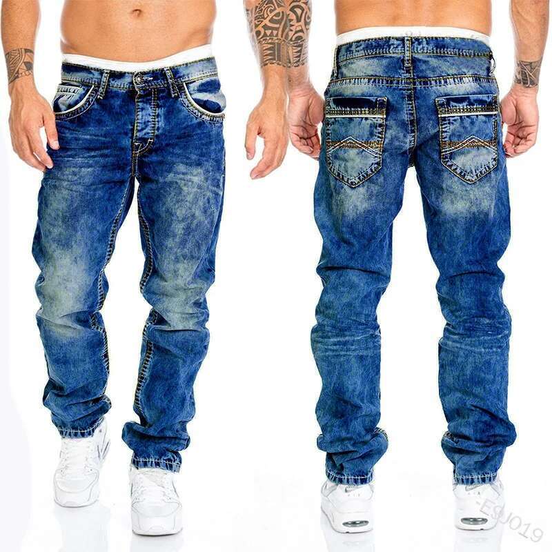 Retro Washed Straight Leg Hip-hop Fashion Designer Men s Streetwear Casual Denim Work Pants Spring And Autumn Zipper Printed Elastic Jeans 2025 New It