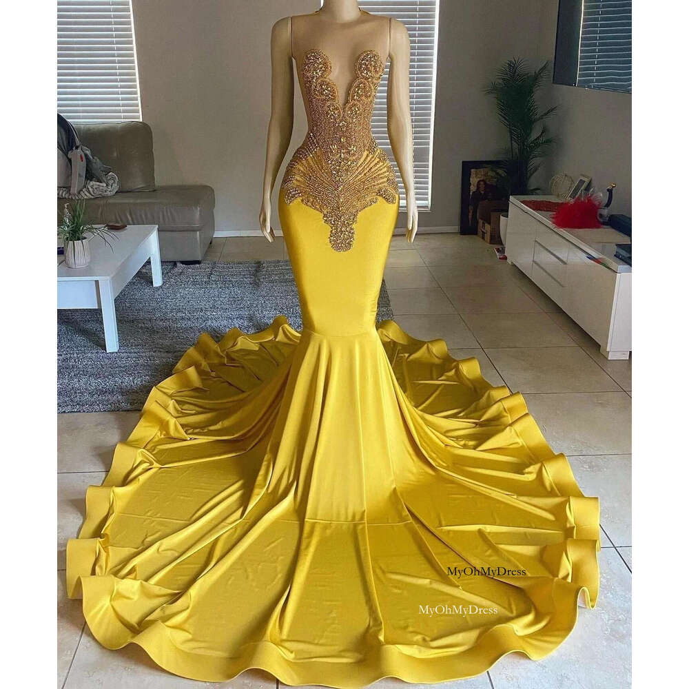 Gold Long Prom Dress For Black Girls Mermaid Sheer Satin Crystals Birthday Party Dresses Women Evening Gown Customized al0311