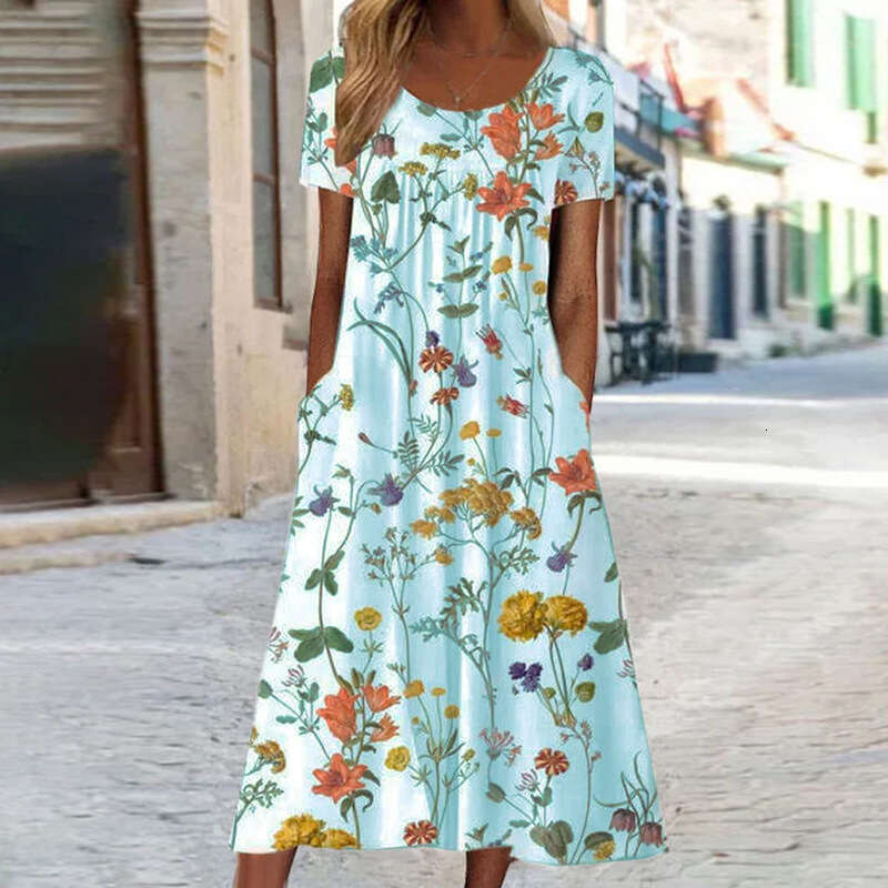 Factory direct sales of loose comfortable short sleeved printed dresses women's bohemian long dresses, with a versatile and trendy new style for 