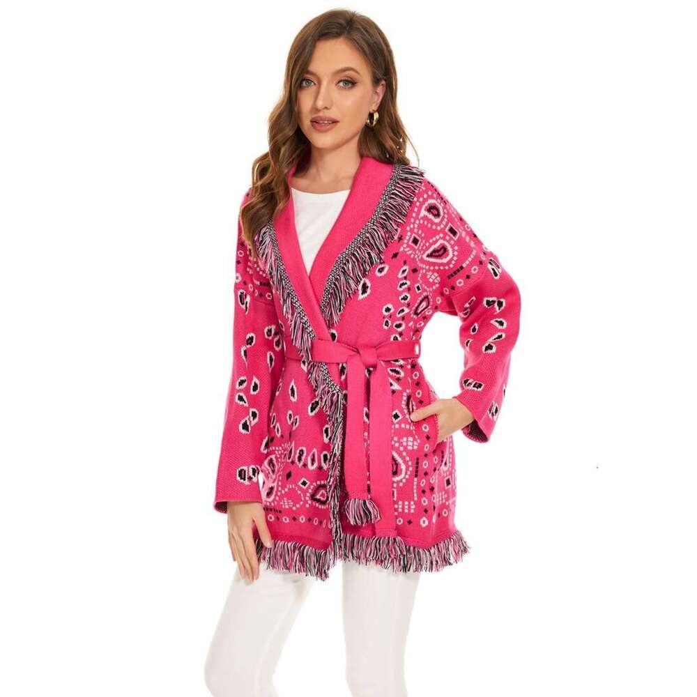 Fashionable Autumn And Winter Ethnic Style Jacquard Thick Sweater Cardigan Niche High-End Feeling Rose Red Tassel Jacket For Women