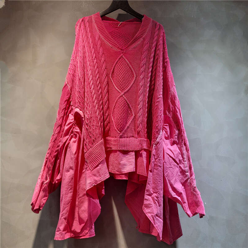 Personalized Distressed Fried Dough Twists Knitting Stitching Ruffle Large Loose Bat V-Neck Long Sleeve Sweater For Women In Spring And Autumn