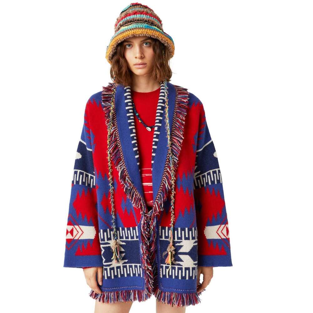 Minority Bohemian Ethnic Style Cardigan Sweater With Contrasting Jacquard Mid Length Tassel Jacket