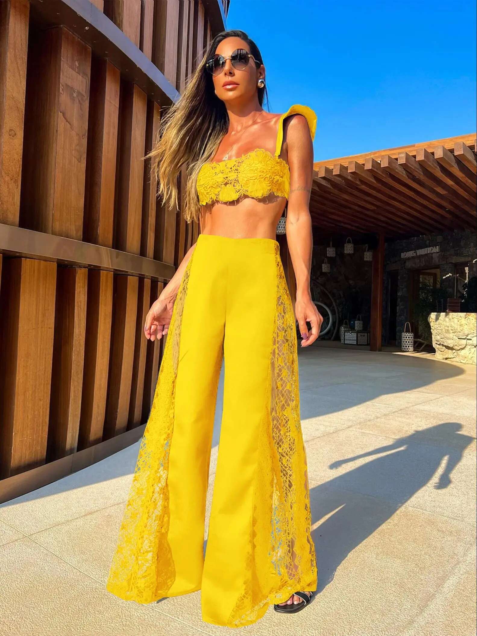 Sexy Black Three Piece Women Bikini Set With Lace Bra High Waist Hollow Out Wide Leg Pants Suit Summer Beach Swimsuit