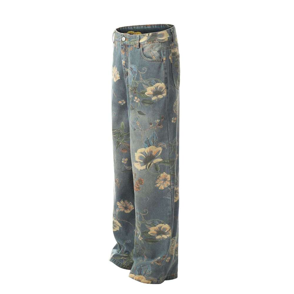 Jiayiku Trendy Brand 2024 Autumn/Winter New American Flower Printed Micro La Jeans For Men And Women Vibe Pants