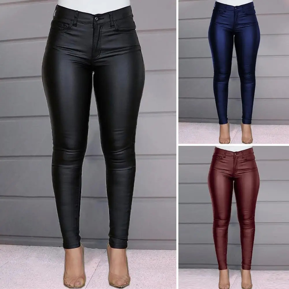 Women PU Leather Pants High Waist Skinny Push Up Leggings Elastic Trousers Spandex Jeggings Streetwear 250305