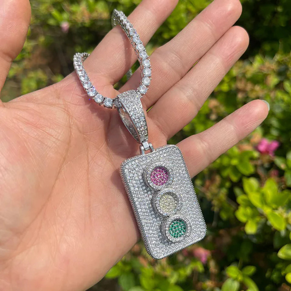 Hip Hop Traffic Lights Pendant Necklace Colorful 5A Zircon Gold Plating Originality Jewelry