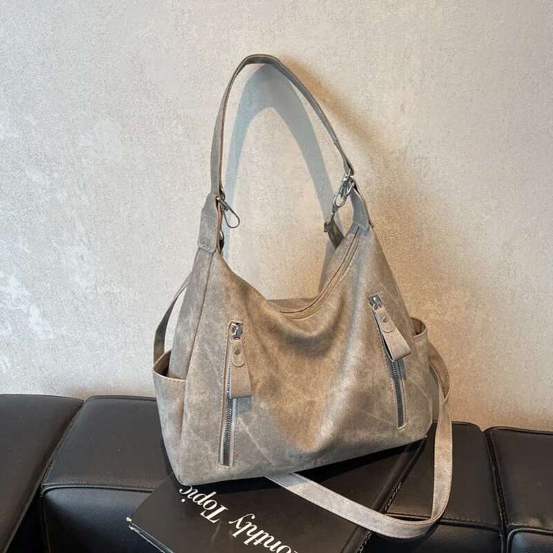 Vintage Frosted PU Leather Shoulder Bag Daily Used, Double Zipper Casual Tote Women's Crossbody Bags For Commuting
