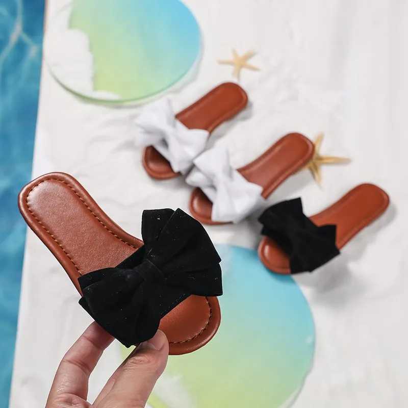 Summer Girls Slippers Flat Bowtie Sweet White Beige Children Sliders Light Slip-on Fashion Leisure Vacation Kids Sandals 26-36T250311