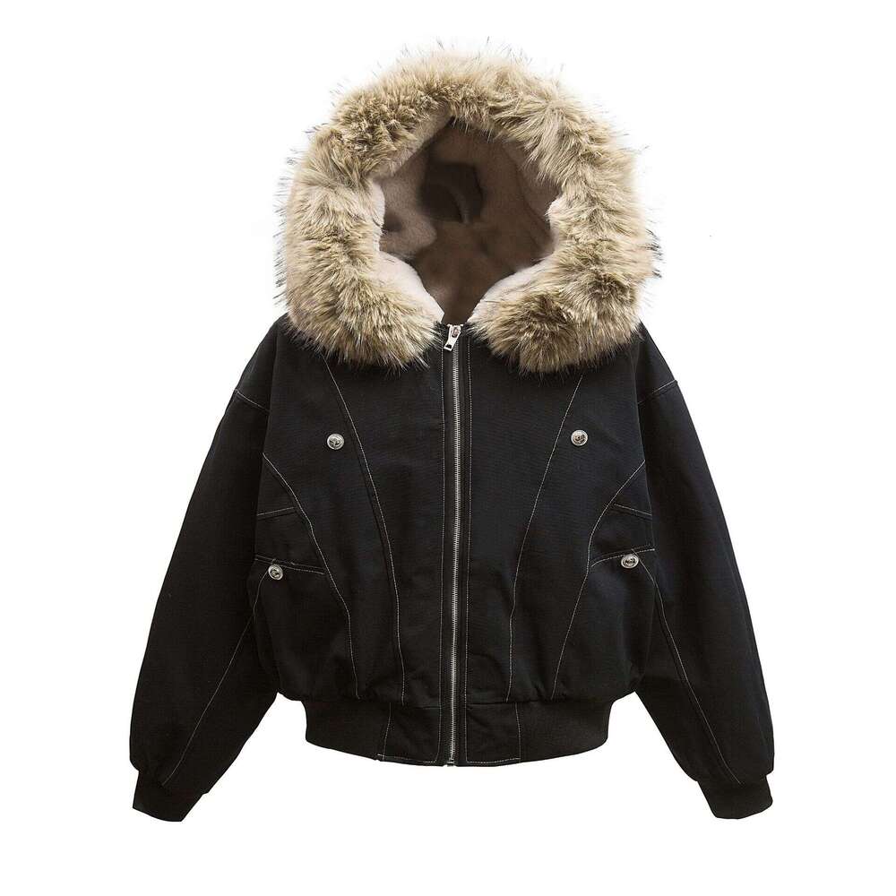 Jiayiku Trendy Brand 2024 Winter New American Thickened With Velvet Inner Hair Collar Hooded Cotton Jacket For Men And Women