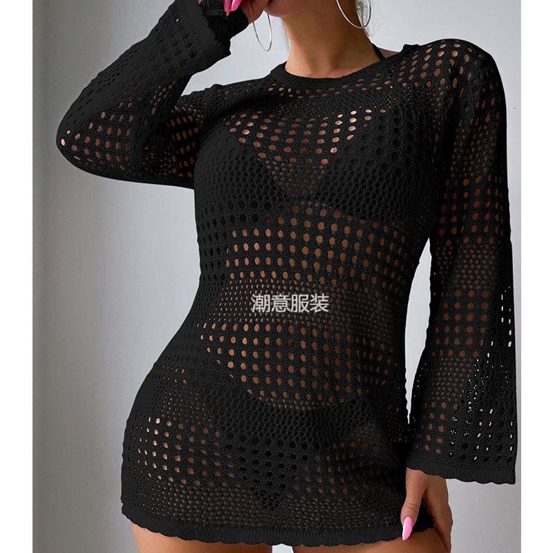 New Vacation And Leisure Hollow Long Sleeve Pullover Solid Color Fashion Sunscreen Shirt Mid Length Beach Cover