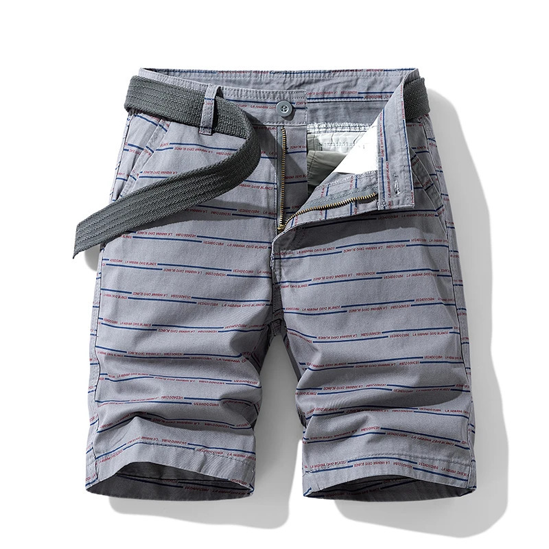 Summer thin striped multi pocket pure cotton workwear shorts mens oversized loose five point casual over knee beach shorts 250310