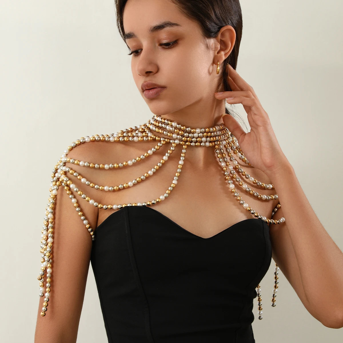 Ingemark Elegant Multilayer Imitation Pearl Shoulder Chain Necklace for Women Wed Bride Goth Tassel Neck Rave Party Body Jewelry 250303