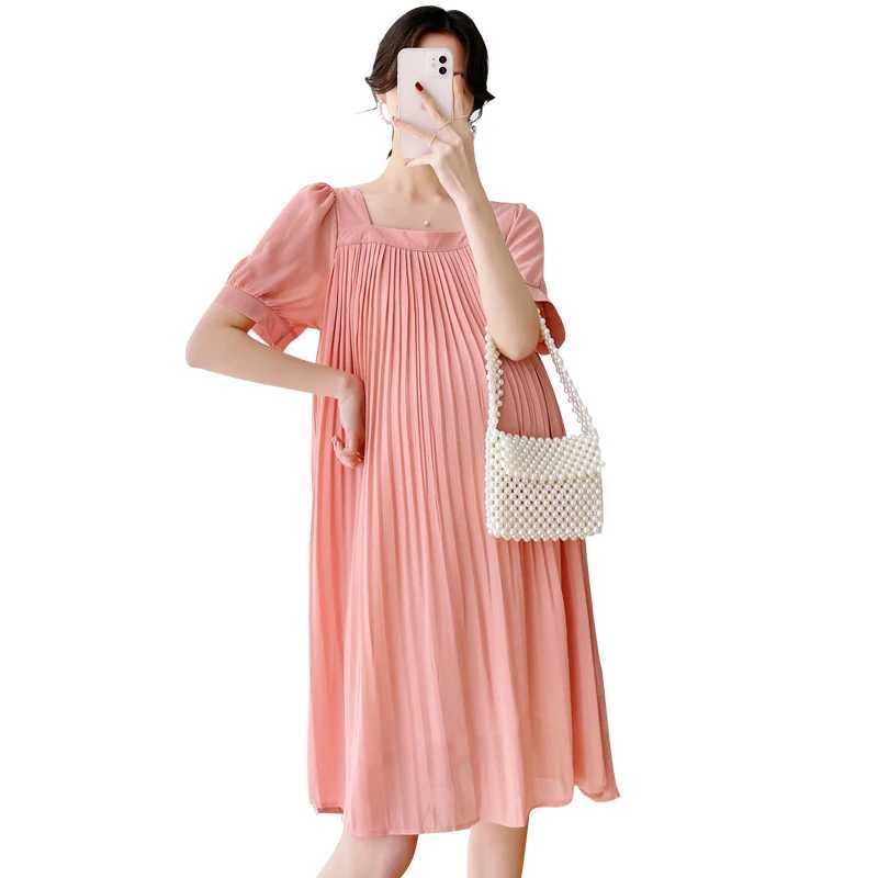 Beige Pink Sunmer Pregnant Woman Pleated Dress Plus Size Maternity Chiffon Dress Mid-Calf Pregnancy Clothes with Belt WholesaleT250311