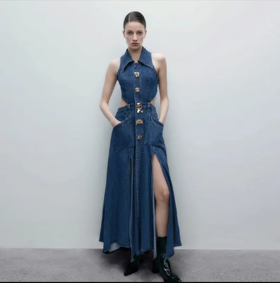 Women's Casual Denim Dresses Fashion Lapel Sleeveless Cut-Out Sides Slit with Big Pockets Women Lapel Hollowed Out Open Waist Waistband Slim Slee