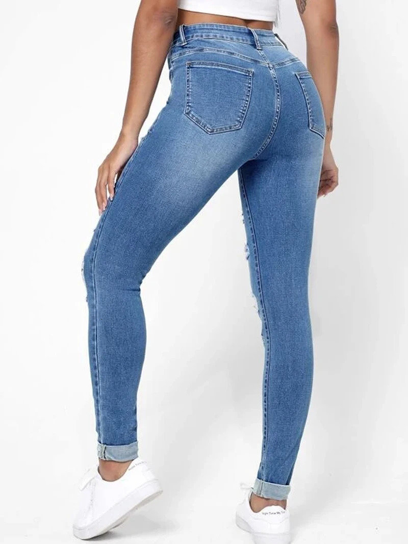 Ripped Holes Casual Skinny Jeans Autumn Slash Pockets Distressed SingleBreasted Button Mid Waist Denim Pants 250311