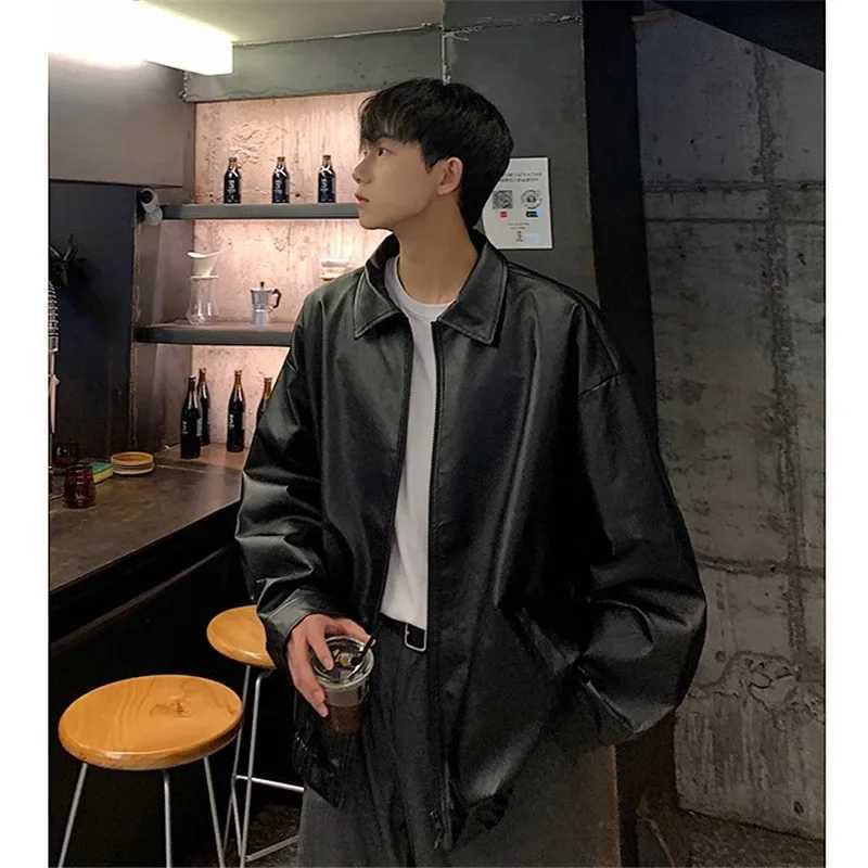 Mens Fall Loose Fit Vintage American Style Leather Jacket High End Feel Street Hong Kong Style PU Leather Jacket Casual SceneT250311