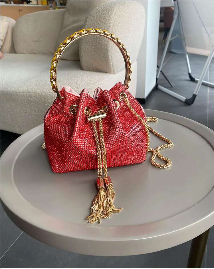 Metal Ring Handle Bucket Women Handbag Glitter Shiny Rhies Evening Wedding Party Clutch Purse Messenger Bag