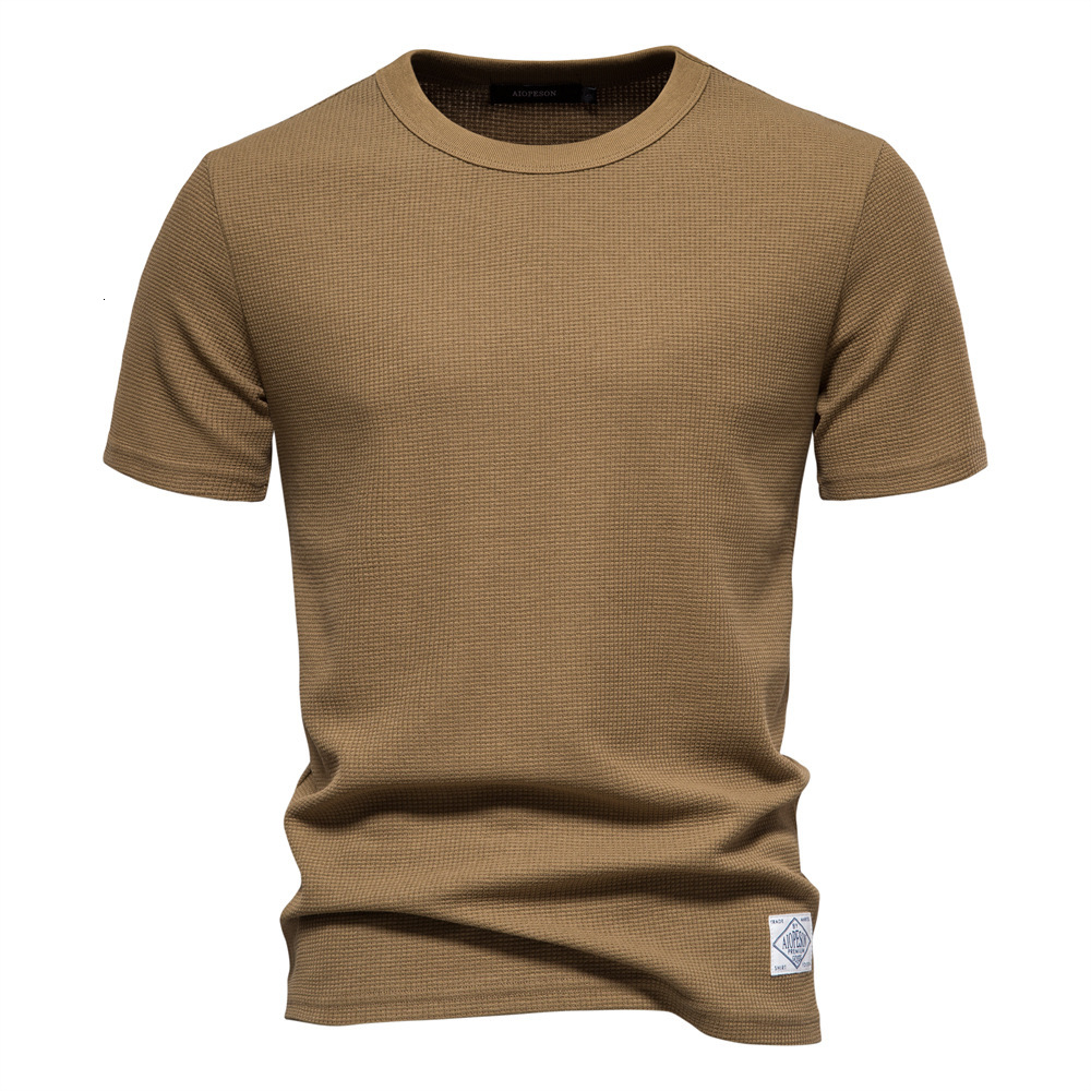 2025 Spring/Summer New European Size Waffle T-Shirt Men's Round Neck High Quality Basic Solid Color Knitted Bottom Shirt