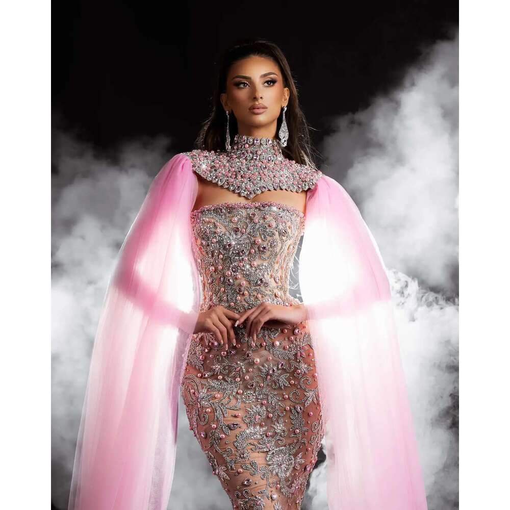 Gracious high neck prom sexy pearls sequins lace mermaid evening dress female to floor custom party dresses