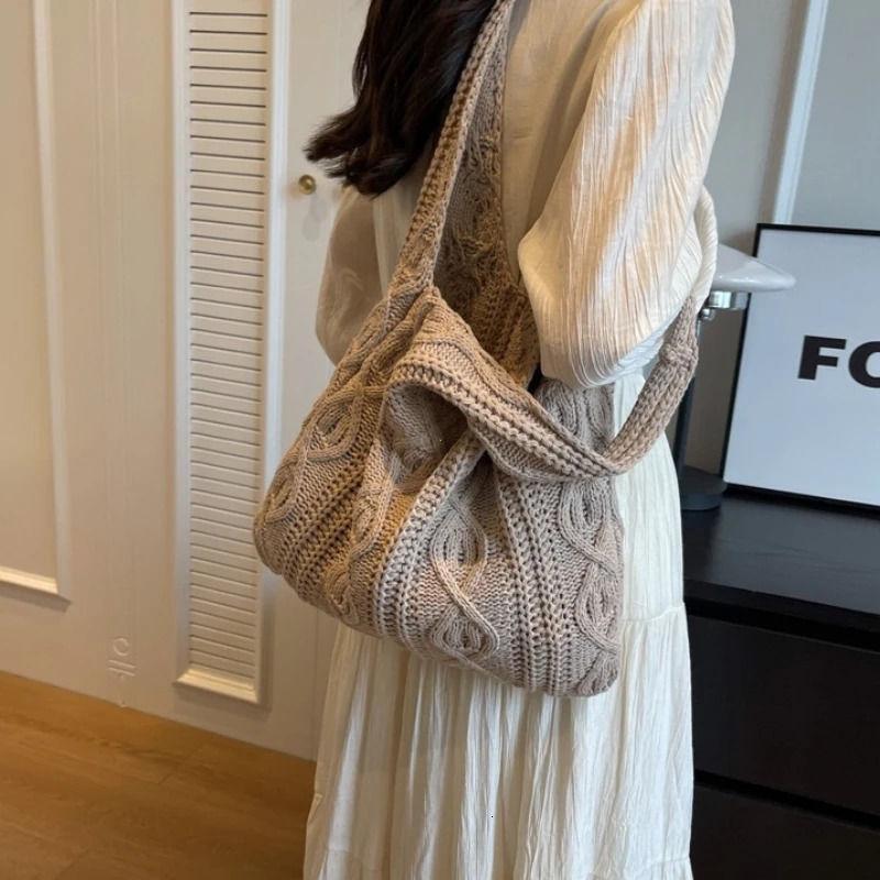 Wool Knitted Shoulder Shopping Bag for Women Vintage Cotton Cloth Girls Tote Shopper Bag Large Female Handbag Crochet Bag R250311