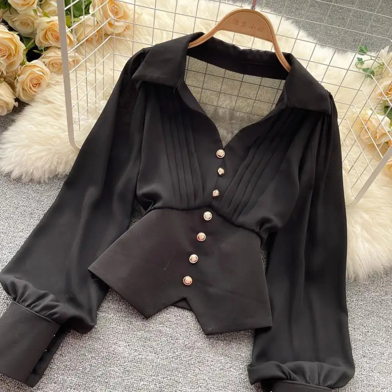 White casual polo neck zipper button fluffy sleeve straight womens shirt clothing top fashion 250310