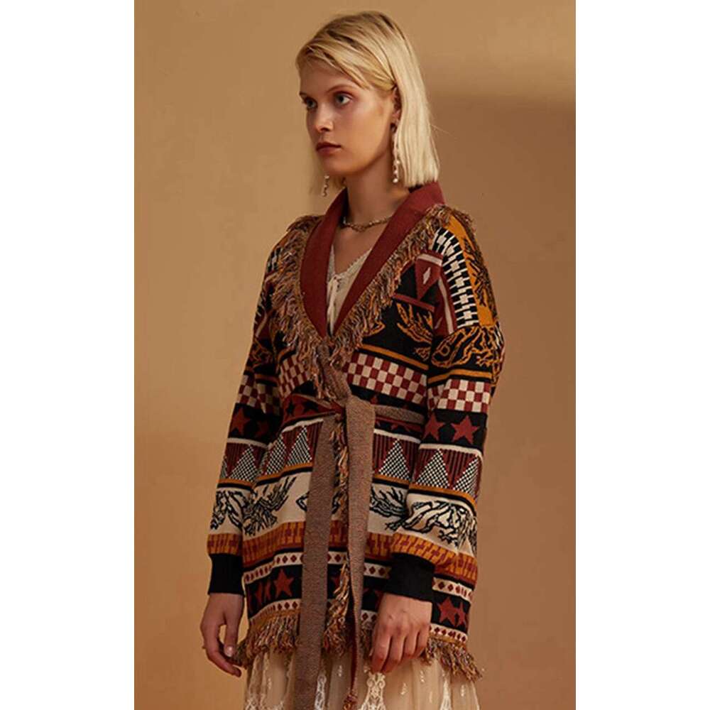Autumn/Winter Thickened Ethnic Style Sweater Cardigan Loose Jacquard Mid Length Coat With Tassel Knit