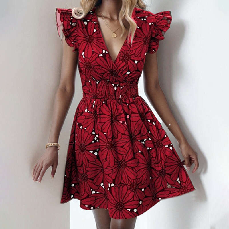 2025 Spring New Women's V-Neck Waist Collection Sexy Ruffle Printed French Dress KLMY