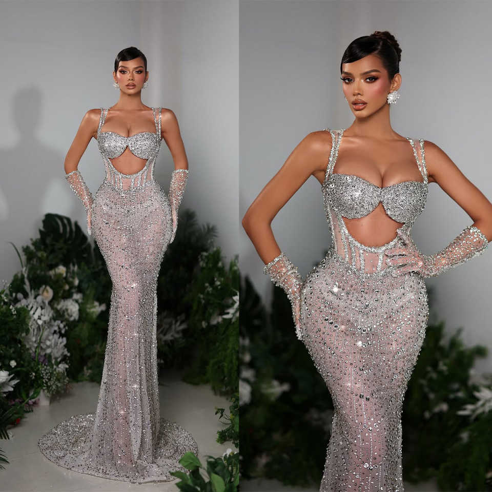 Sexy Mermaid Evening Dresses For Women Spaghetti Strap Sleeves See Through Gown Sequins Crystal Sweep Train Party Customized Dress