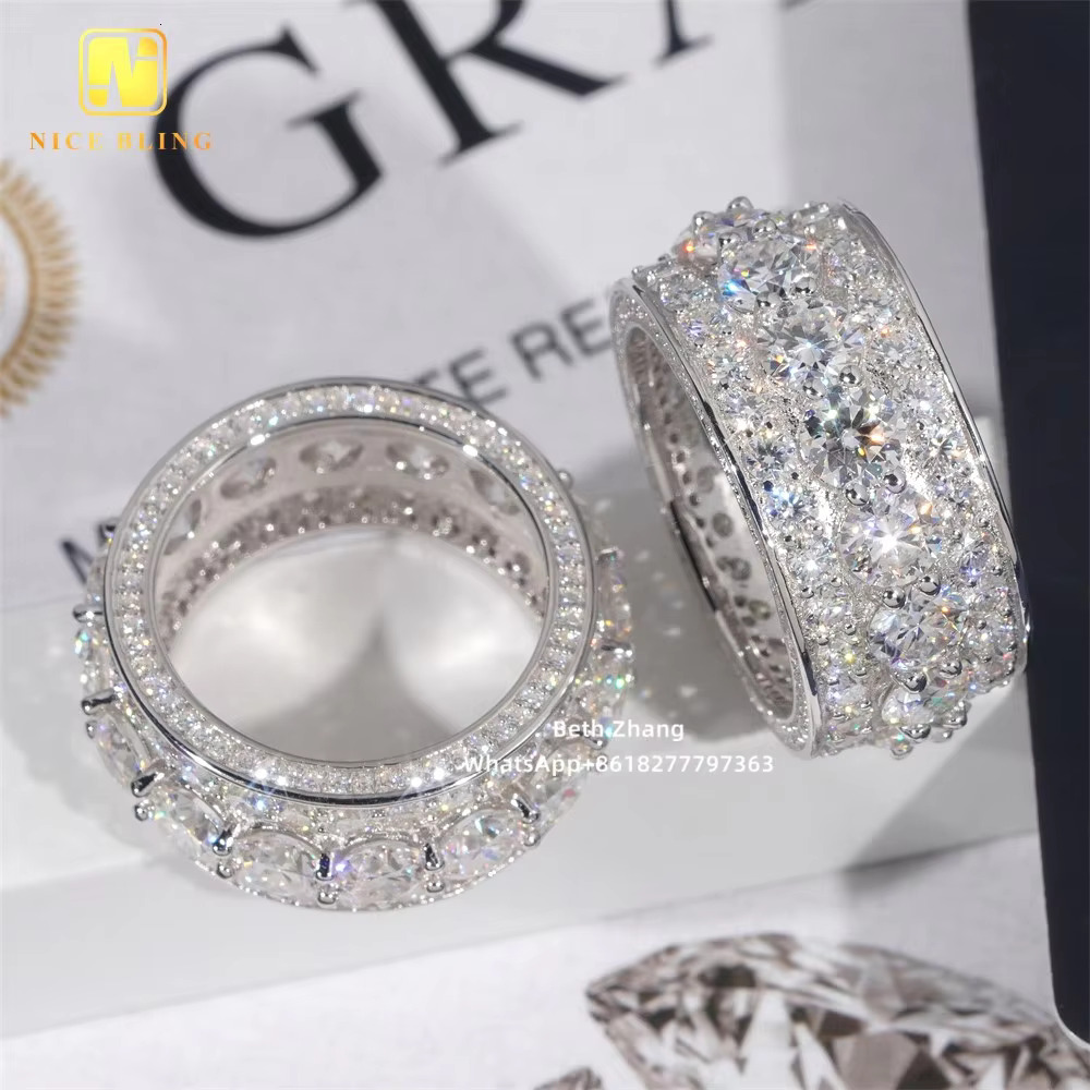 Full Iced Out 3 Rows Moissanite Diamond Wedding Bands Popular Hip Hop Men Engagement Rings 925 Silver Jewelry