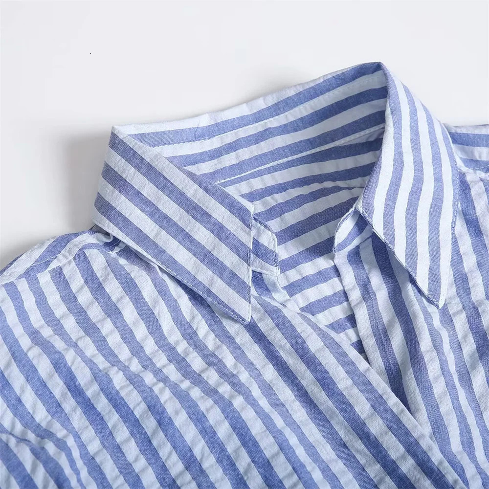 Summer Product Womens Casual Collar Curled Edge Long Sleeve Linen Blended Striped Dress Shirt 250310