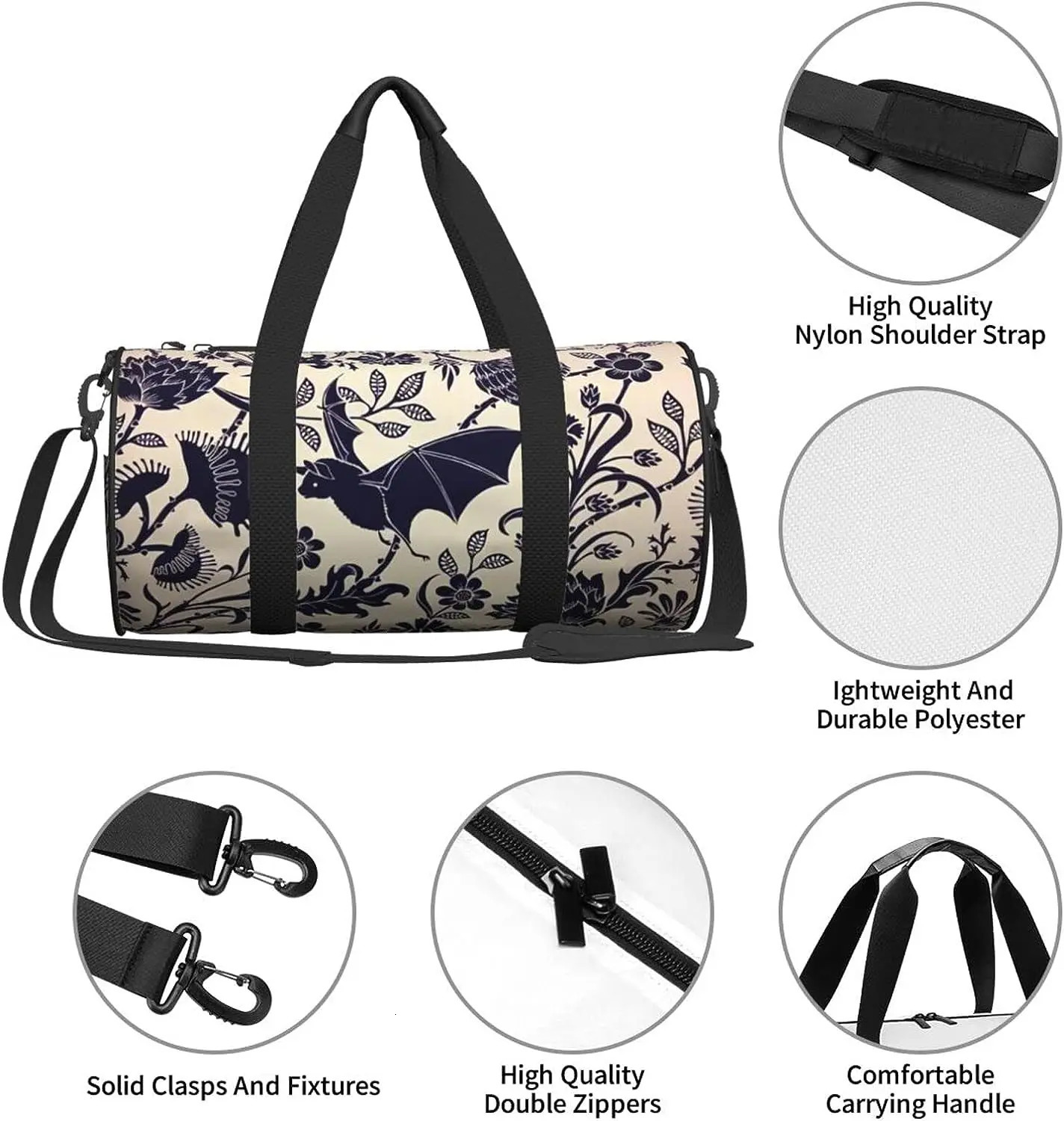 Halloween Bat Flower Sports Gym Duffel Bag for Men Women Weekender Travel Workout Training Handbag Water Resistant 250311