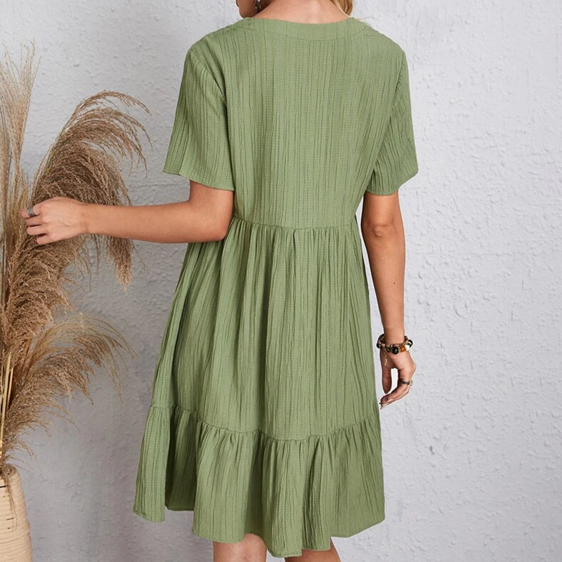 Summer Solid Dress Women Casual Bohemian V Neck Short Sleeve Ruffles Loose A Line Mini Elegant Beach Party Vestidos Street 250311