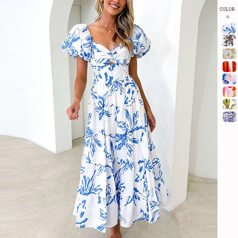 European American Spring/Summer Slimming Printed Bubble Sleeves Large Swing High end Dress for Women 2025 New Style Stylish and Elegant Clothing
