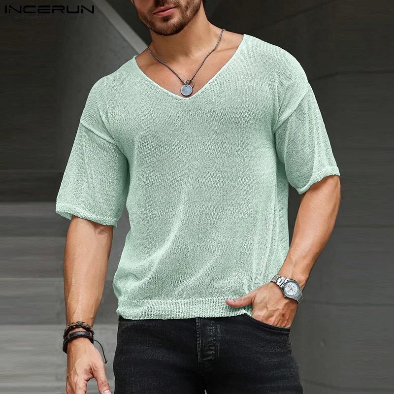 INCERUN Tops Fashionable Men Vneck Slightly Transparent Tshirts Casual Well Fitting Male Short Sleeved Shirt S5XL 250311