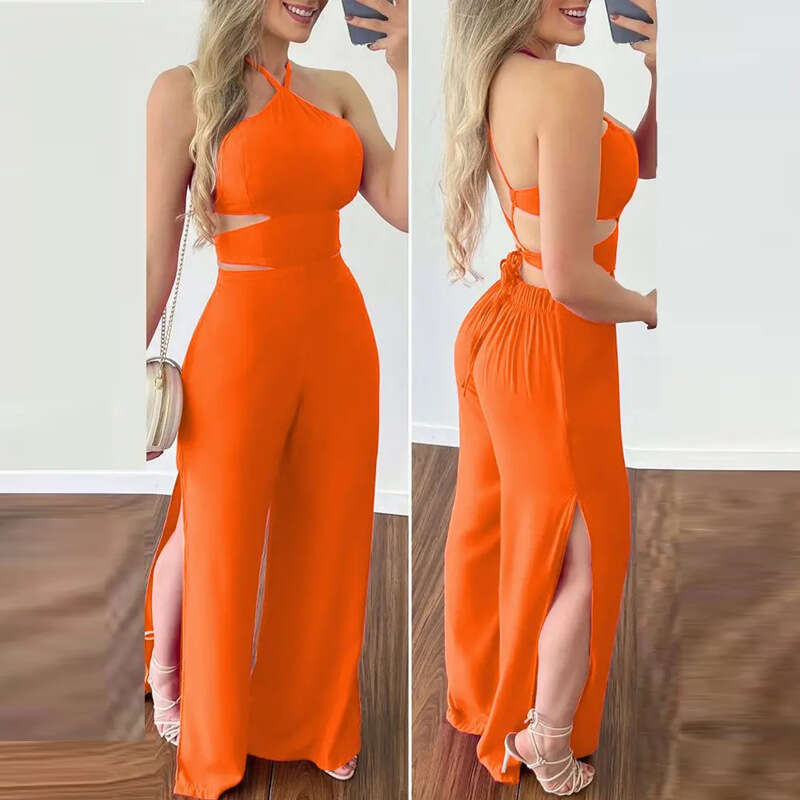 Ladies' Temperament Sexy Hanging Neck Hollowed Out Slim Fit Backless Split Jumpsuit 661 KLMY