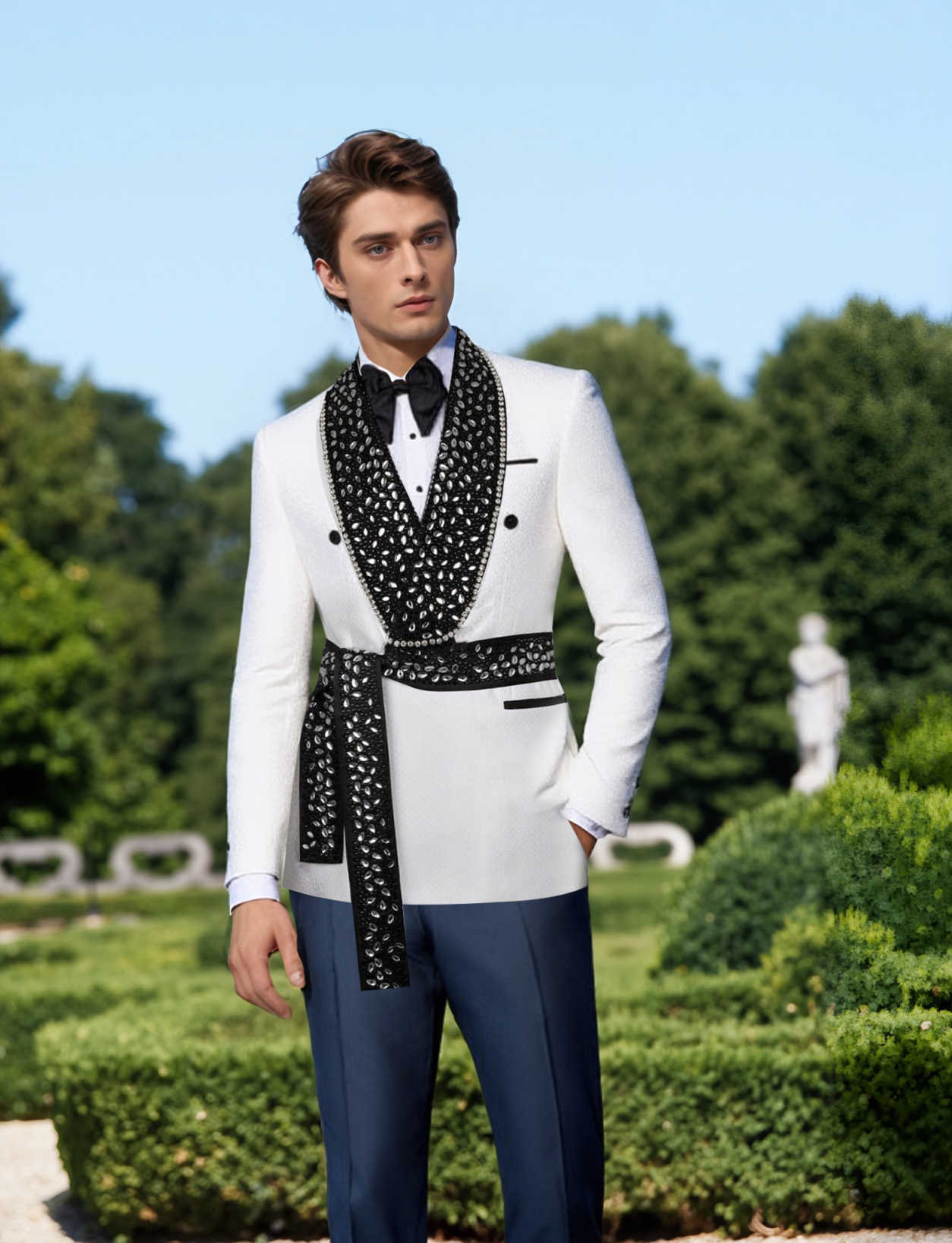 Noble Wedding Tuxedos Double Breasted Crystal Men Suit Shawl Lapel 2 Piece Set Jacket Pants Groom Business Blazers Customized