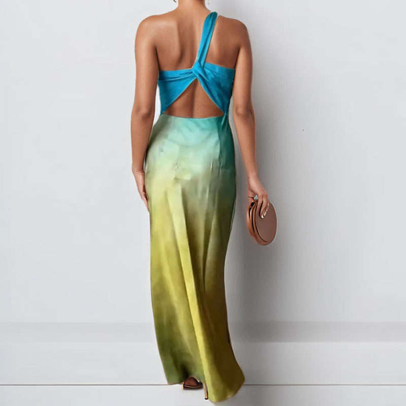 Women's 2025 New Style Satin Sloping Shoulder Backless Sexy Tie Dye Gradient Dress For Women KLMY