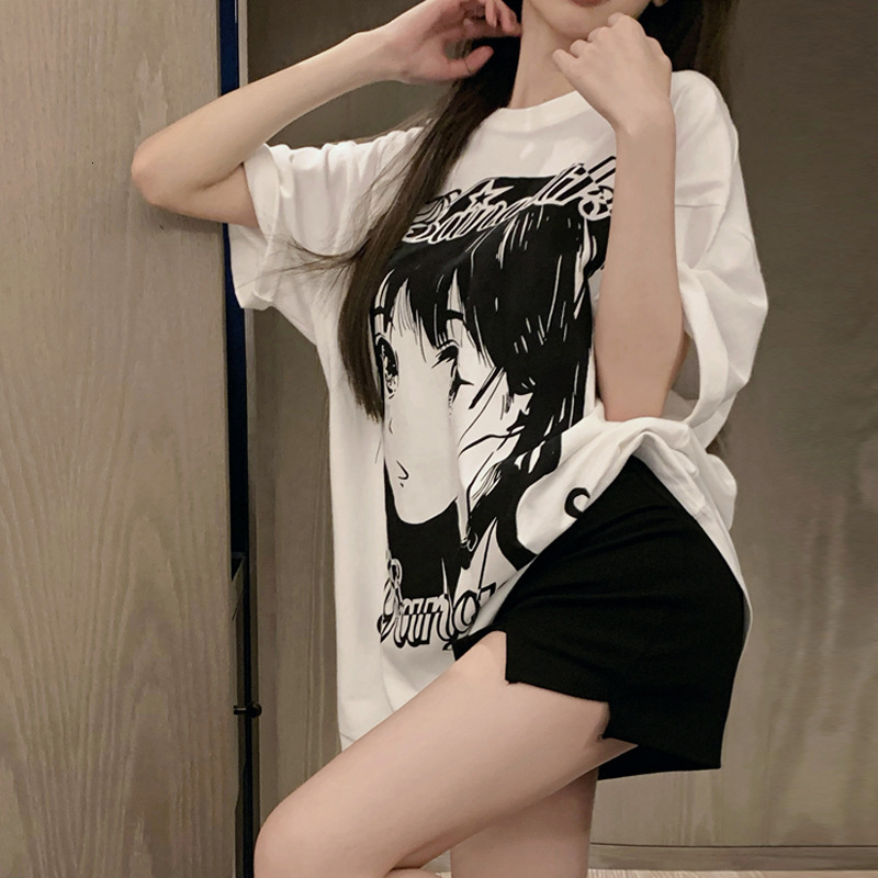 2025 summer new white oversized loose cotton short sleeved designer women's T-shirt trendy brand printed medium to long length top1