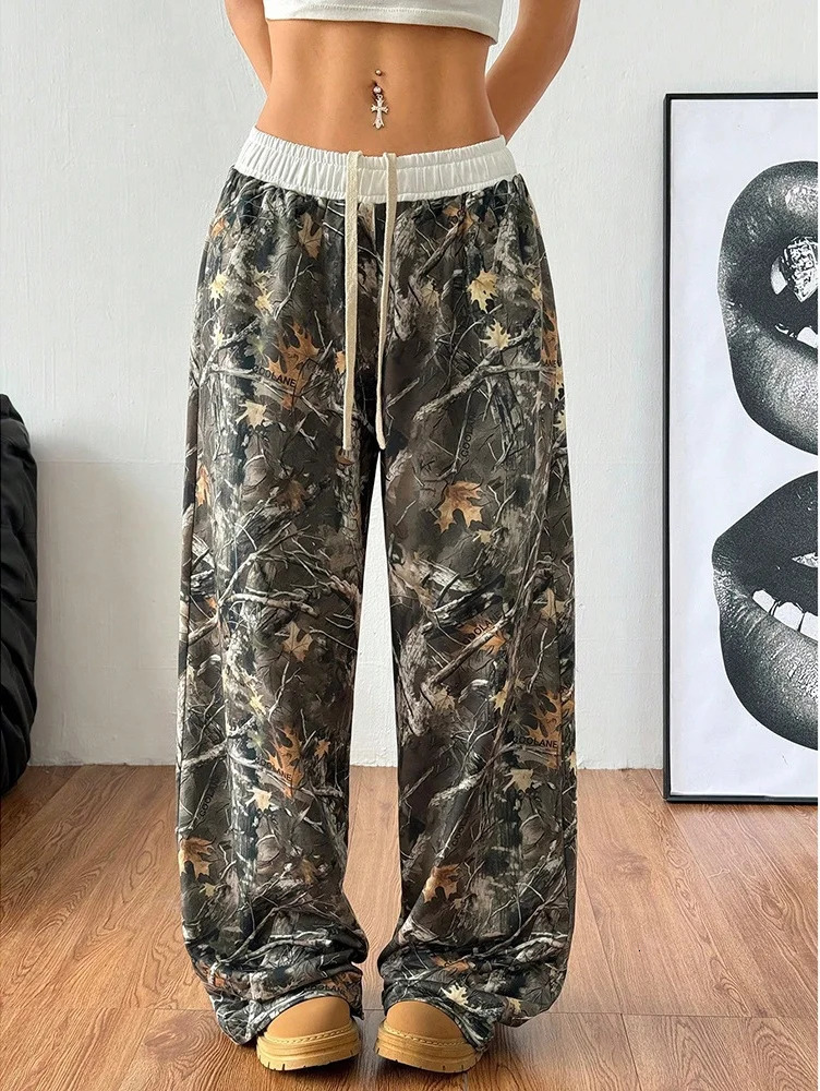 Oversized Hip Hop Baggy Pants Fashion Women Drawstring Pocket Branch Camouflage Wide Leg Pant Casual Sweatpant Cargo Trousers 250310