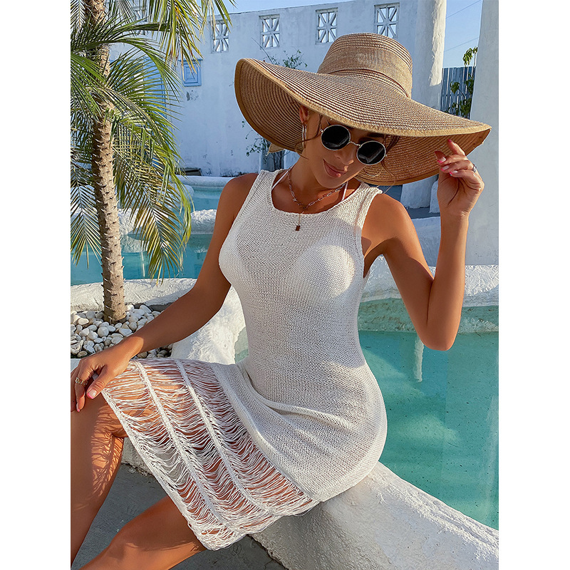 Tank Top Skirt Pullover Hollow Out Sexy Slim Fit Sunscreen Beach Bikini Cover Up Dress Short