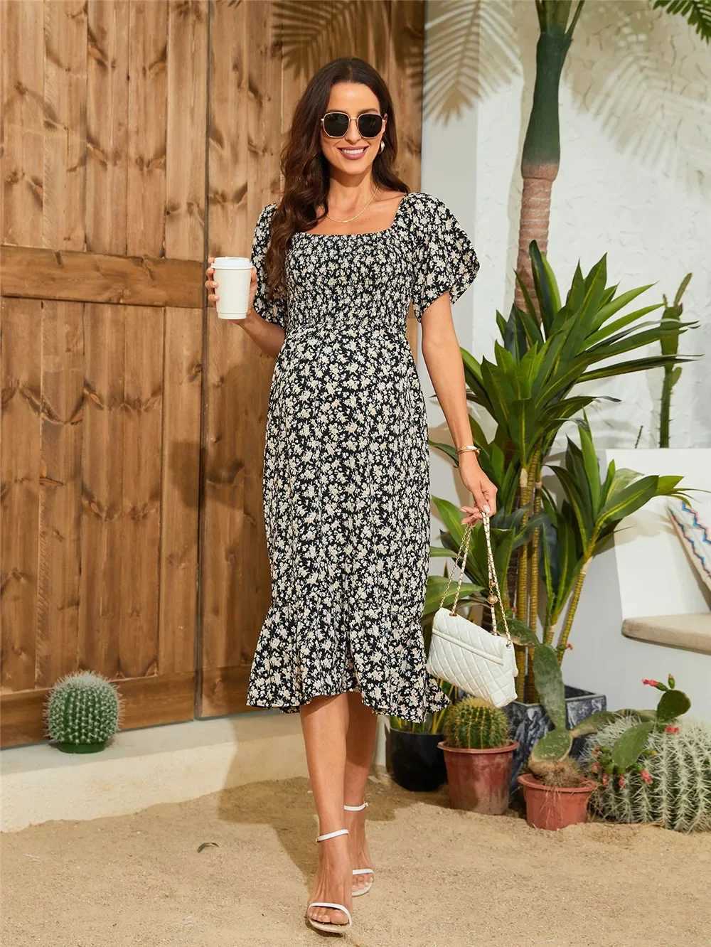 Summer Floral Maternity Chiffon Dress Casual Long Pregnancy Photoshoot Dress For Pregnant Women Short Sleeve Photography ClothesT250311