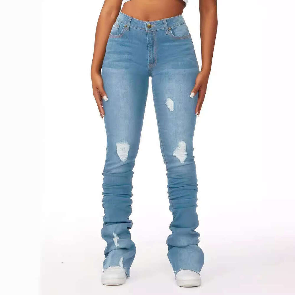 high waisted layered denim bell bottom European American Instagram trendy styles, slim fit and perforated women's straight bucket pants, 2025 tem