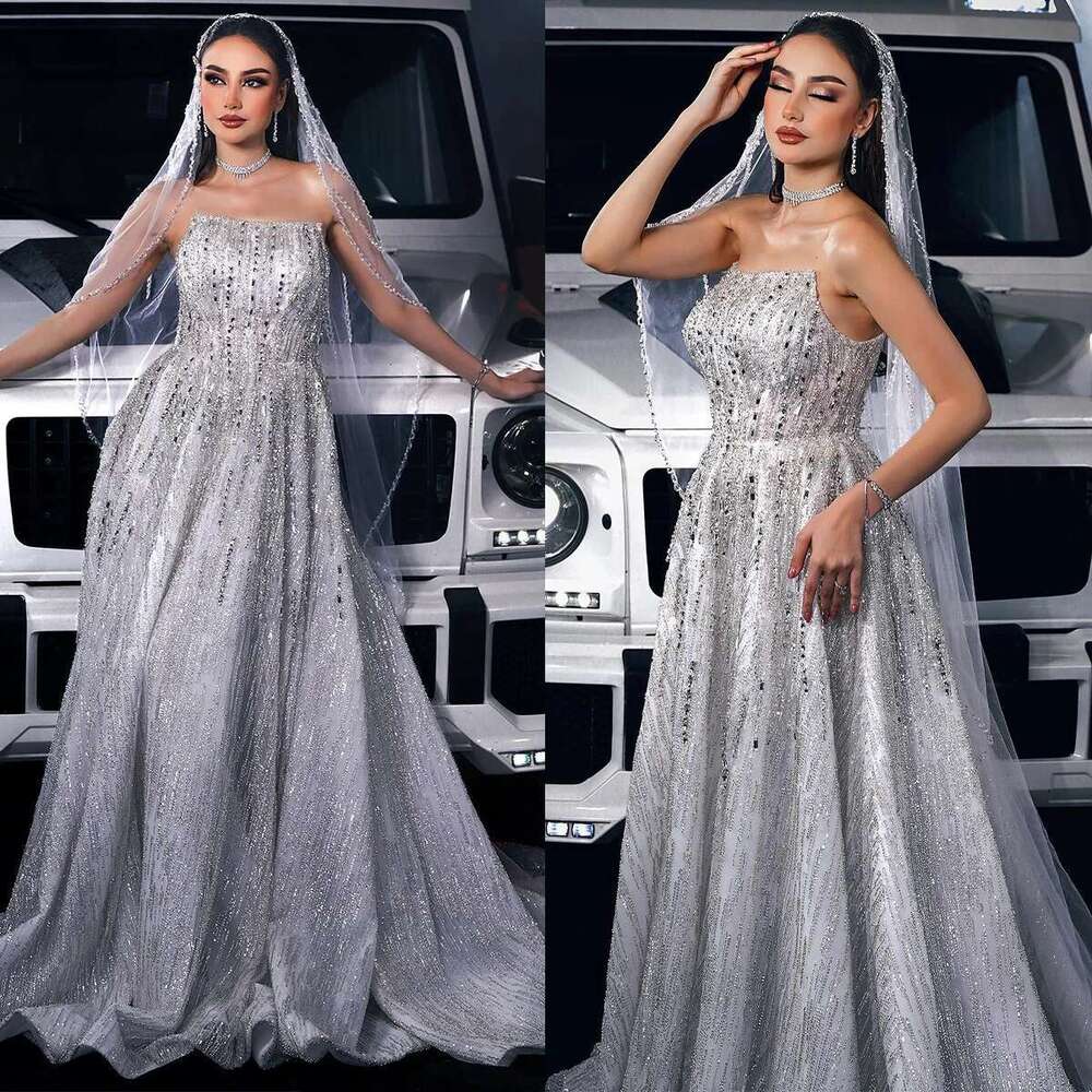Glitter crystal a ha strapless sexy wedding dresses uoso sequins lace sleeveless custom robe