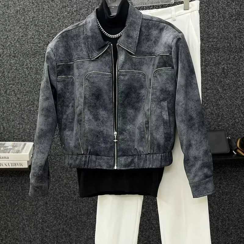 HKSH Tie Dye Gradient PU Leather Jacket Mens Tide Autumn New Safari Style High Street Motorcycle Chic Fashion Short Coat HK2997T250311