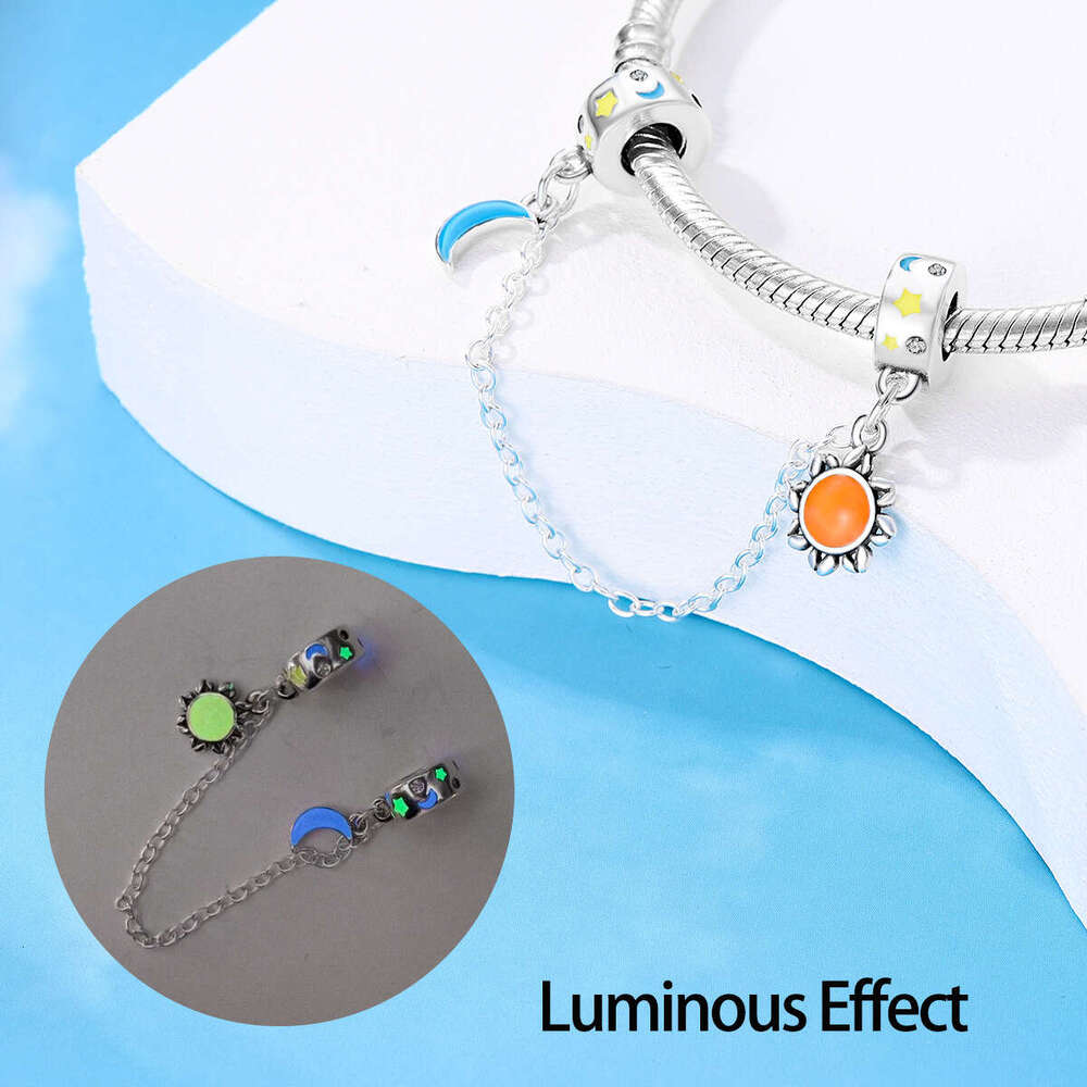 Hot Selling 925 Sterling Silver buckle Charms sun moon luminous safety chain Charm fit bracelet DIY for women new accessory Jewelry gift
